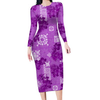 Hawaii Tapa Long Sleeve Bodycon Dress Hibiscus Mix Hawaiian Quilt Patches - Violet - Wonder Print Shop