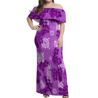 Hawaii Tapa Off Shoulder Maxi Dress Hibiscus Mix Hawaiian Quilt Patches - Violet - Wonder Print Shop