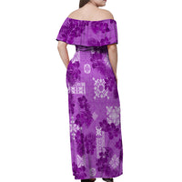 Hawaii Tapa Off Shoulder Maxi Dress Hibiscus Mix Hawaiian Quilt Patches - Violet - Wonder Print Shop