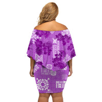 Hawaii Tapa Off Shoulder Short Dress Hibiscus Mix Hawaiian Quilt Patches - Violet - Wonder Print Shop