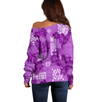 Hawaii Tapa Off Shoulder Sweater Hibiscus Mix Hawaiian Quilt Patches - Violet - Wonder Print Shop