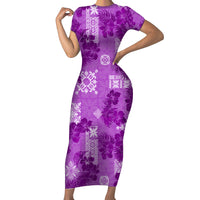Hawaii Tapa Short Sleeve Bodycon Dress Hibiscus Mix Hawaiian Quilt Patches - Violet - Wonder Print Shop