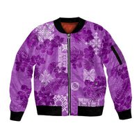 Hawaii Tapa Sleeve Zip Bomber Jacket Hibiscus Mix Hawaiian Quilt Patches - Violet - Wonder Print Shop