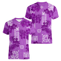 Hawaii Tapa Women V Neck T Shirt Hibiscus Mix Hawaiian Quilt Patches - Violet - Wonder Print Shop