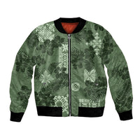 Hawaii Tapa Bomber Jacket Hibiscus Mix Hawaiian Quilt Patches - Sage Green LT7 - Wonder Print Shop