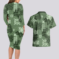 Hawaii Tapa Couples Matching Long Sleeve Bodycon Dress and Hawaiian Shirt Hibiscus Mix Hawaiian Quilt Patches - Sage Green LT7 - Wonder Print Shop