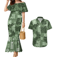 Hawaii Tapa Couples Matching Mermaid Dress and Hawaiian Shirt Hibiscus Mix Hawaiian Quilt Patches - Sage Green LT7 - Wonder Print Shop