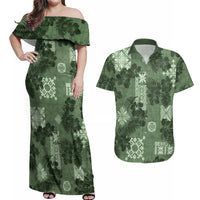 Hawaii Tapa Couples Matching Off Shoulder Maxi Dress and Hawaiian Shirt Hibiscus Mix Hawaiian Quilt Patches - Sage Green LT7 - Wonder Print Shop