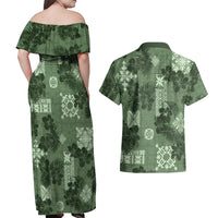 Hawaii Tapa Couples Matching Off Shoulder Maxi Dress and Hawaiian Shirt Hibiscus Mix Hawaiian Quilt Patches - Sage Green LT7 - Wonder Print Shop