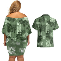 Hawaii Tapa Couples Matching Off Shoulder Short Dress and Hawaiian Shirt Hibiscus Mix Hawaiian Quilt Patches - Sage Green LT7 - Wonder Print Shop