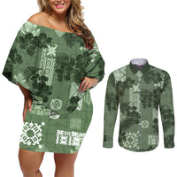 Hawaii Tapa Couples Matching Off Shoulder Short Dress and Long Sleeve Button Shirt Hibiscus Mix Hawaiian Quilt Patches - Sage Green LT7 - Wonder Print Shop