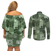 Hawaii Tapa Couples Matching Off Shoulder Short Dress and Long Sleeve Button Shirt Hibiscus Mix Hawaiian Quilt Patches - Sage Green LT7 - Wonder Print Shop