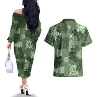 Hawaii Tapa Couples Matching Off The Shoulder Long Sleeve Dress and Hawaiian Shirt Hibiscus Mix Hawaiian Quilt Patches - Sage Green LT7 - Wonder Print Shop