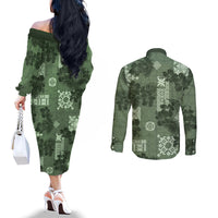 hawaii-tapa-couples-matching-off-the-shoulder-long-sleeve-dress-and-long-sleeve-button-shirt-hibiscus-mix-hawaiian-quilt-patches-sage-green