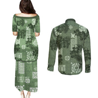 Hawaii Tapa Couples Matching Puletasi Dress and Long Sleeve Button Shirt Hibiscus Mix Hawaiian Quilt Patches - Sage Green LT7 - Wonder Print Shop