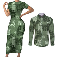 Hawaii Tapa Couples Matching Short Sleeve Bodycon Dress and Long Sleeve Button Shirt Hibiscus Mix Hawaiian Quilt Patches - Sage Green LT7 - Wonder Print Shop