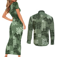 Hawaii Tapa Couples Matching Short Sleeve Bodycon Dress and Long Sleeve Button Shirt Hibiscus Mix Hawaiian Quilt Patches - Sage Green LT7 - Wonder Print Shop