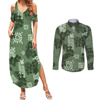 Hawaii Tapa Couples Matching Summer Maxi Dress and Long Sleeve Button Shirt Hibiscus Mix Hawaiian Quilt Patches - Sage Green LT7 - Wonder Print Shop