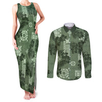 Hawaii Tapa Couples Matching Tank Maxi Dress and Long Sleeve Button Shirt Hibiscus Mix Hawaiian Quilt Patches - Sage Green LT7 - Wonder Print Shop