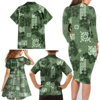 Hawaii Tapa Family Matching Long Sleeve Bodycon Dress and Hawaiian Shirt Hibiscus Mix Hawaiian Quilt Patches - Sage Green LT7 - Wonder Print Shop