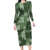 Hawaii Tapa Family Matching Long Sleeve Bodycon Dress and Hawaiian Shirt Hibiscus Mix Hawaiian Quilt Patches - Sage Green LT7 - Wonder Print Shop