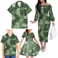 Hawaii Tapa Family Matching Off Shoulder Long Sleeve Dress and Hawaiian Shirt Hibiscus Mix Hawaiian Quilt Patches - Sage Green - Wonder Print Shop