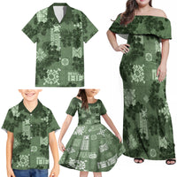 Hawaii Tapa Family Matching Off Shoulder Maxi Dress and Hawaiian Shirt Hibiscus Mix Hawaiian Quilt Patches - Sage Green LT7 - Wonder Print Shop