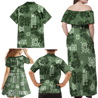 Hawaii Tapa Family Matching Off Shoulder Maxi Dress and Hawaiian Shirt Hibiscus Mix Hawaiian Quilt Patches - Sage Green LT7 - Wonder Print Shop