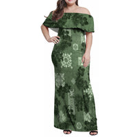 Hawaii Tapa Family Matching Off Shoulder Maxi Dress and Hawaiian Shirt Hibiscus Mix Hawaiian Quilt Patches - Sage Green LT7 - Wonder Print Shop