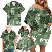 Hawaii Tapa Family Matching Off Shoulder Short Dress and Hawaiian Shirt Hibiscus Mix Hawaiian Quilt Patches - Sage Green LT7 - Wonder Print Shop