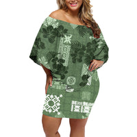 Hawaii Tapa Family Matching Off Shoulder Short Dress and Hawaiian Shirt Hibiscus Mix Hawaiian Quilt Patches - Sage Green LT7 - Wonder Print Shop