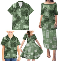 Hawaii Tapa Family Matching Puletasi Dress and Hawaiian Shirt Hibiscus Mix Hawaiian Quilt Patches - Sage Green - Wonder Print Shop