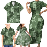 Hawaii Tapa Family Matching Short Sleeve Bodycon Dress and Hawaiian Shirt Hibiscus Mix Hawaiian Quilt Patches - Sage Green - Wonder Print Shop