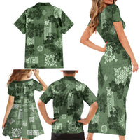 Hawaii Tapa Family Matching Short Sleeve Bodycon Dress and Hawaiian Shirt Hibiscus Mix Hawaiian Quilt Patches - Sage Green - Wonder Print Shop