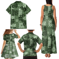 Hawaii Tapa Family Matching Tank Maxi Dress and Hawaiian Shirt Hibiscus Mix Hawaiian Quilt Patches - Sage Green - Wonder Print Shop