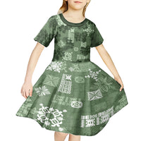 Hawaii Tapa Kid Short Sleeve Dress Hibiscus Mix Hawaiian Quilt Patches - Sage Green - Wonder Print Shop