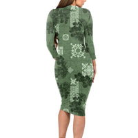 Hawaii Tapa Long Sleeve Bodycon Dress Hibiscus Mix Hawaiian Quilt Patches - Sage Green - Wonder Print Shop