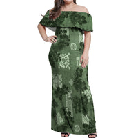 Hawaii Tapa Off Shoulder Maxi Dress Hibiscus Mix Hawaiian Quilt Patches - Sage Green - Wonder Print Shop