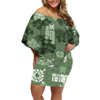 Hawaii Tapa Off Shoulder Short Dress Hibiscus Mix Hawaiian Quilt Patches - Sage Green - Wonder Print Shop