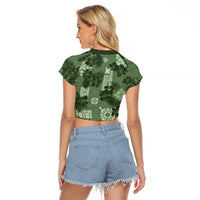 Hawaii Tapa Raglan Cropped T Shirt Hibiscus Mix Hawaiian Quilt Patches - Sage Green - Wonder Print Shop