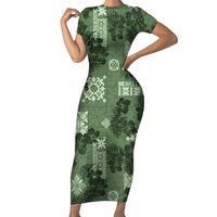 Hawaii Tapa Short Sleeve Bodycon Dress Hibiscus Mix Hawaiian Quilt Patches - Sage Green - Wonder Print Shop