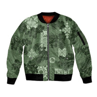 Hawaii Tapa Sleeve Zip Bomber Jacket Hibiscus Mix Hawaiian Quilt Patches - Sage Green - Wonder Print Shop