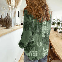 Hawaii Tapa Women Casual Shirt Hibiscus Mix Hawaiian Quilt Patches - Sage Green - Wonder Print Shop