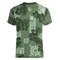 Hawaii Tapa Women V Neck T Shirt Hibiscus Mix Hawaiian Quilt Patches - Sage Green - Wonder Print Shop