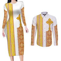 Habesha Motifs Ethiopia Couples Matching Long Sleeve Bodycon Dress and Long Sleeve Button Shirt Tilet White Gold