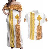 Habesha Motifs Ethiopia Couples Matching Off Shoulder Maxi Dress and Hawaiian Shirt Tilet White Gold