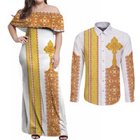 Habesha Motifs Ethiopia Couples Matching Off Shoulder Maxi Dress and Long Sleeve Button Shirt Tilet White Gold