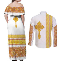 Habesha Motifs Ethiopia Couples Matching Off Shoulder Maxi Dress and Long Sleeve Button Shirt Tilet White Gold