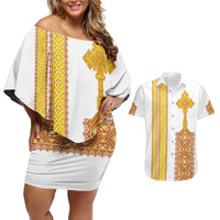 Habesha Motifs Ethiopia Couples Matching Off Shoulder Short Dress and Hawaiian Shirt Tilet White Gold