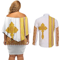 Habesha Motifs Ethiopia Couples Matching Off Shoulder Short Dress and Long Sleeve Button Shirt Tilet White Gold